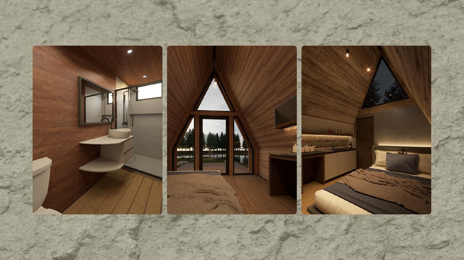 Detalle interior de cabaña Kasa Nativa: baño y dormitorio de madera